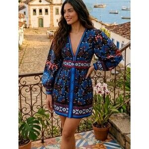 FARM Rio Black Latina Scarf Puff Sleeve Mini Dress M NWT